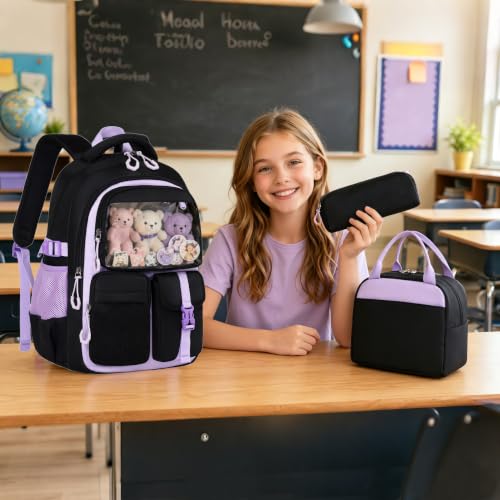 Meisohua School Backpack for Girls Kids Teen Girls Backpack with Lunch Box Coin Purse 4pcs Set Bookbag for Elementary Middle School — view 2