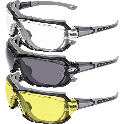 3 Pair of Global Vision Octane Padded Motorcycle Sport Sunglasses Octane Gray with Clear Smoke and Yellow Lens