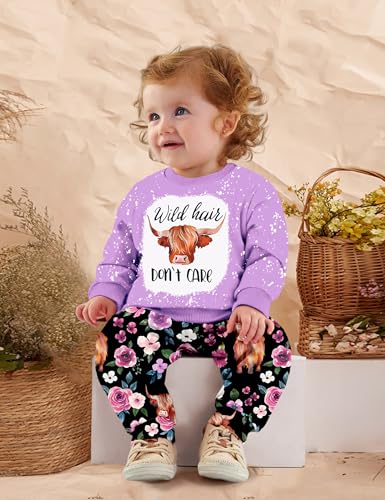 Image of Toddler Girl Clothes Fall Winter Outfits Wild Hair Don't Care Highland Cow Sweatshirt Pants Western Cowgirl Outfit
