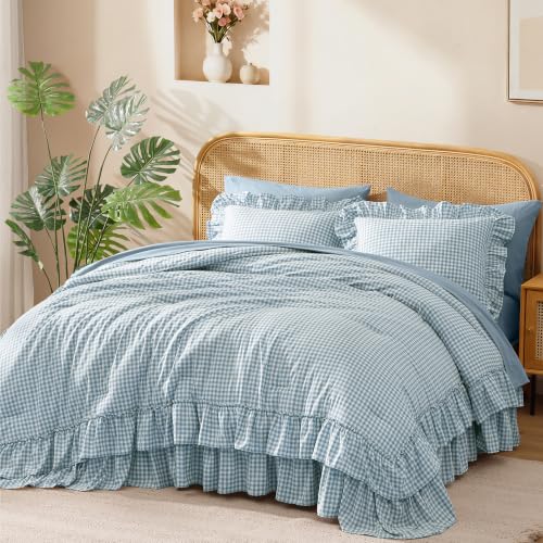 Image of King Size Comforter Set Blue Gingham Ruffle 7 Pieces Farmhouse Bed in a Bag | Shabby Chic Fluffy Bedding Sets with Sheets, Pillowcases & Shams