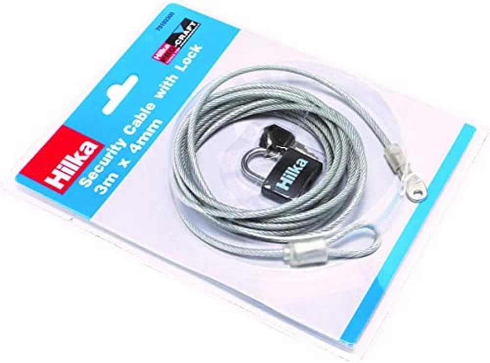 Hilka 70103300 3m x 4mm Security Cable with Lock - Silver