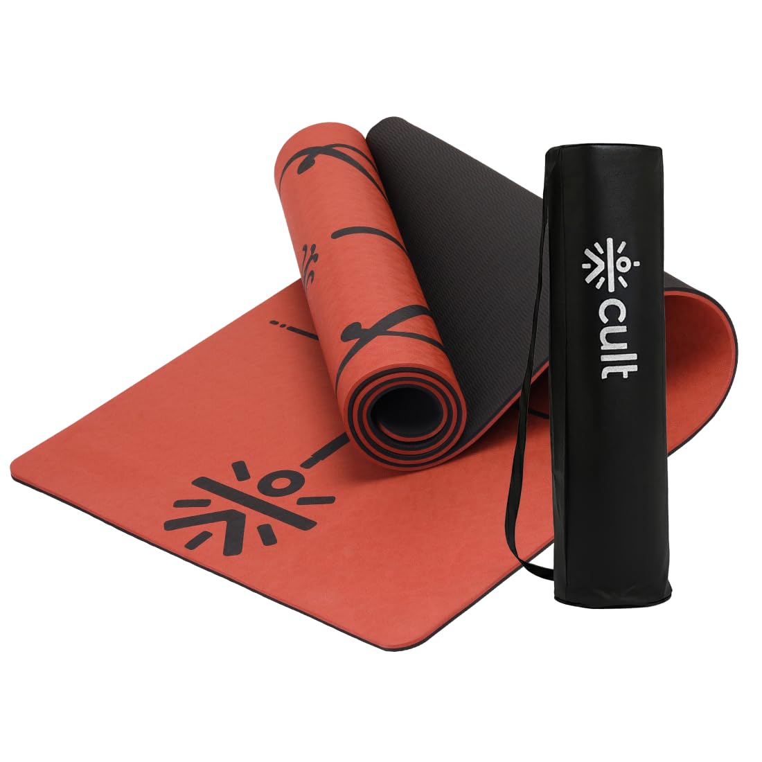 CULT Yoga Mat | For Women & Men | With Strap and Bag| TPE Material | 8mm Thickness Exercise Mat | For Workout, Yoga, Fitness & Meditation | Anti Tear, Anti Slip | For Home & Gym Use | Brick & Black