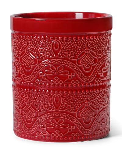 Kitchen Utensil Holder, 7.2″ Super Large Utensil Crock Heavy and Stable Lace Emboss Ceramic Utensil Holder for Kitchen Counter (Christmas Red)