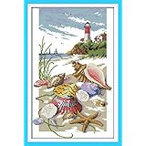 OWN4B クロスステッチ刺繍キット図案印刷、11ct ビーチの貝殻 初心者向けの簡単な刺繍セット40x59cm Cross Stitch