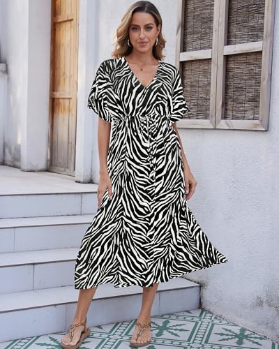 Bsubseach Swimsuit Cover Up for Women Deep V Neck Short Sleeve Beach Dress Zebra Print Side High Slit Kaftan Summer Beachwear4
