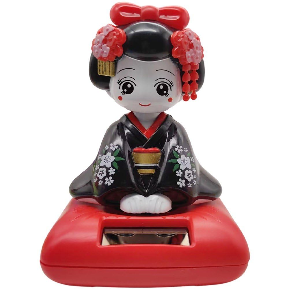 Hrippy Solar Powered Shaking Head Figure Japanese Kokeshi Figurines Dashboard Dancing Figures Car Accessories Interior