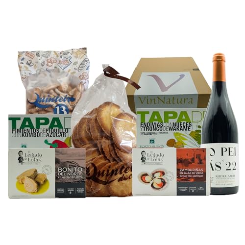 VinNatura – Caja Regalo Cortegada con Productos Gourmet de Galicia - Conservas Premium, Tapas Artesanales y Vino Mencía - Lote de Navidad - Experiencia Gastronómica Gallega