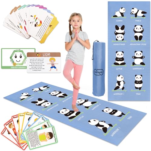 Garybank Kids Yoga Mat Set - Non-slip Exercise Mats with Fun Prints - 12 Yoga Cards - Carrier Bag - Odor Free Non-Toxic, Cute Yoga Mat for Girls & Boys (60 X 24 X 0.2 Inch)