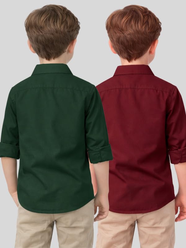 Image of YYQ Pack of 2 Boys Solid Cotton Blend Shirts - Full Sleeve Casual, Soft & Comfortable Spread Collar Shirts for Boys