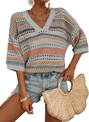 Image of Acelitt Crochet Tops for Women Summer Short Sleeve Sweater
