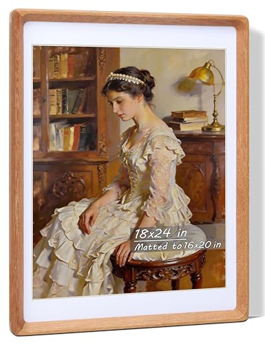 Image of 18x24 Picture Frame with Mat for 16x20, USA-Sourced Natural Teak Wood Handcrafted Rounded Corner with Plexiglass, Vertical or Horizontal Display Photo Gallery Poster Wall Mounting Frame