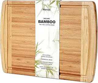 Premium Organic Bamboo Chopping Board by Harcas. Large Size Cutting Board 40cm x 30cm x 2cm. Best for Meat, Vegetables and Cheese. Professional Grade for Strength and Durability. Drip Groove