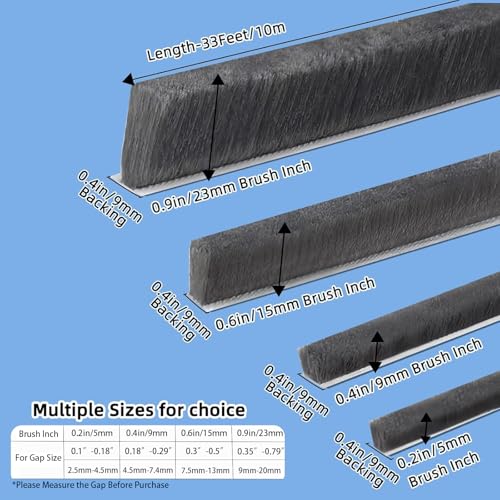 Image of Brush Weather Stripping 0.6in(T) x 0.4in(W) x 33FT Grey Door Seal Strip for Door Frame, Sliding Glass Door Draft Stopper Window Soundproofing Bristle Door Sweep Weatherstripping
