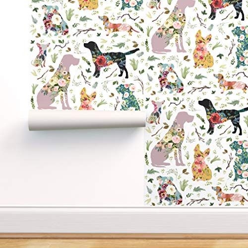 Spoonflower Pre-Pasted Removable Wallpaper, Dogs Puppies Animals Watercolor Floral Baby Girls Print, Water-Activated