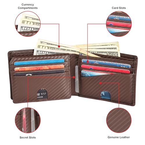 Mens RFID Blocking Bifold Wallet Genuine Leather | Secure and Durable Extra Capacity Billfold with 13 Credit Cards, 1 Flip Up ID (Bifold 13 CC Slot With 1 ID, Carbon Brown)2