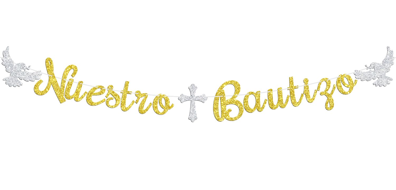 Nuestro Bautizo Banner, Spanish First Holy Communion, Religious 1st Birthday, Christening Baptism Baby Shower Party Decorations Supplies, Gold Glitter