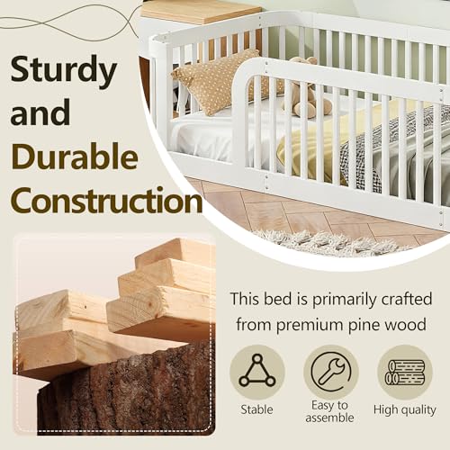 Image of Bellemave Twin Size Floor Bed Frame with High Fence,Solid Wood Kids Montessori Floor Bed Twin Size for Kids Girls Boys,Rounded Corner Design,White