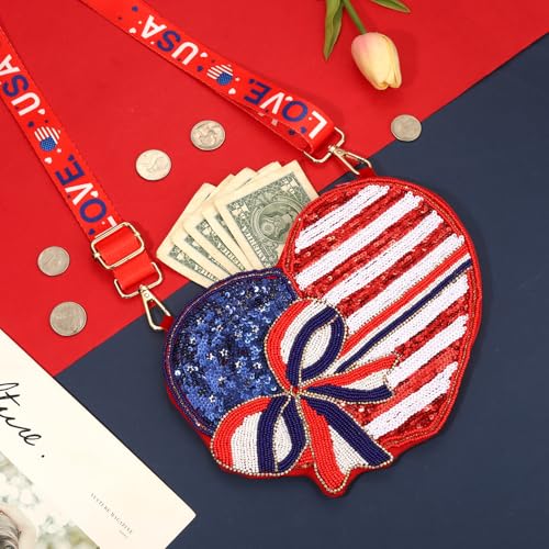 Image of 4th of July Purse for Women Sequin Beaded USA Star Purse American Flag Crossbody Shoulder Bag 4th of July Outfits