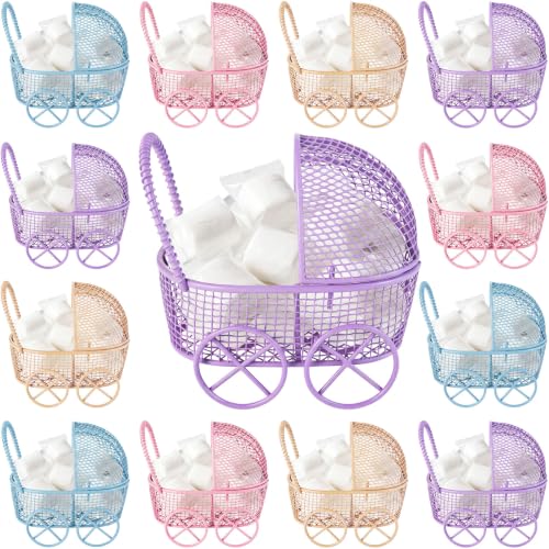 Image of Threehoney 12 Pcs Baby Shower Mini Carriage Decoration Metal Wired Fillable Small Stroller Table Decor Baby Shower Party Favor for Guest Gender Reveal Candy Centerpiece (Pink Brown Blue Purple)