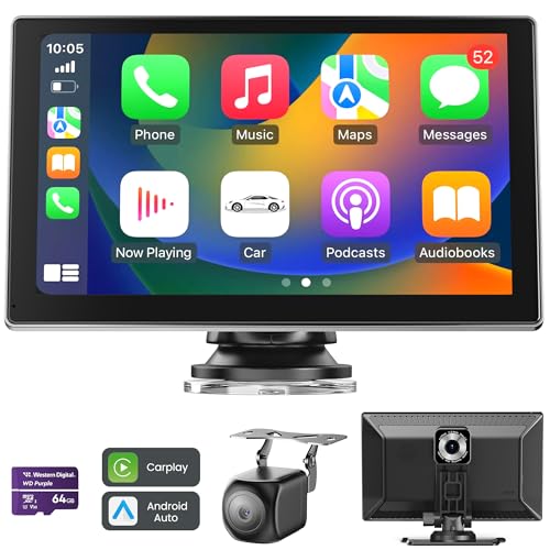 Carplay Voiture 9'' Écran Carplay Voiture, Compatible Android Auto et CarPlay, avec Dashcam 4K et Caméra de Recul 1080P, Navigation GPS/Bluetooth...