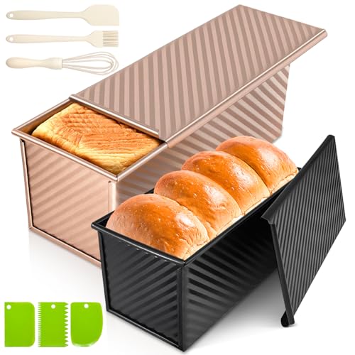 2Pack Pullman Loaf Pan with Lid, Non-Stick Carbon Steel Bread Pan for Homemade Sandwich & Sourdough Bread, 2.2lb&1lb Dough Capacity, Corrugated Toast Box Mold, Gold&Black