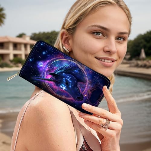 Image of RFID Blocking Leather Wallet for Women - Large Capacity Zip Around Clutch with 8 Card Slots,13 Cash Pockets & Coin Zipper,Galaxy Nebula Horse