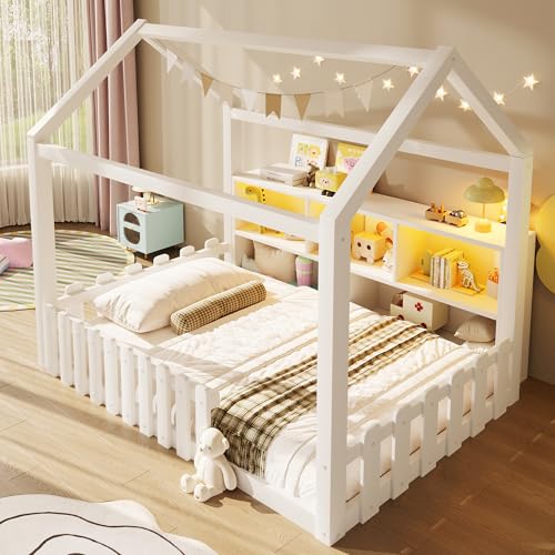 Kebnor Cama plana para niños con rejilla, con barra de luz LED, compartimentos abiertos, diseño de casa, listones de madera de pino, sin colchón, estilo minimalista (blanco, 90 x 190 cm)
