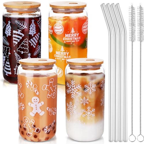 Mkhaslri 4Pcs Christmas Glass Cups with Lids and Straws,16oz Iced Coffee Cups with Lids Christmas Beer Drinking Glasses,Clear Cups Xmas Coffee Bar Accessories Gifts Home Decorations