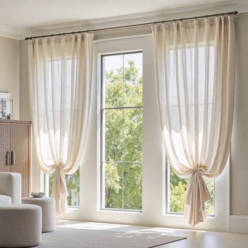 Image of jinchan Linen Curtains Light Filtering Back Tab 100x120 Inch 1 Panel Beige