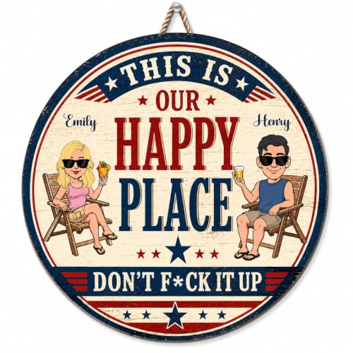 Wrappiness This Is Our Happy Place Wood Sign Personalized Couple Sitting American Flag USA 250th Anniversary Funny Outdoor Sign Garden Patio Backyard Deck Pool Plaque Independence Day 4th of July