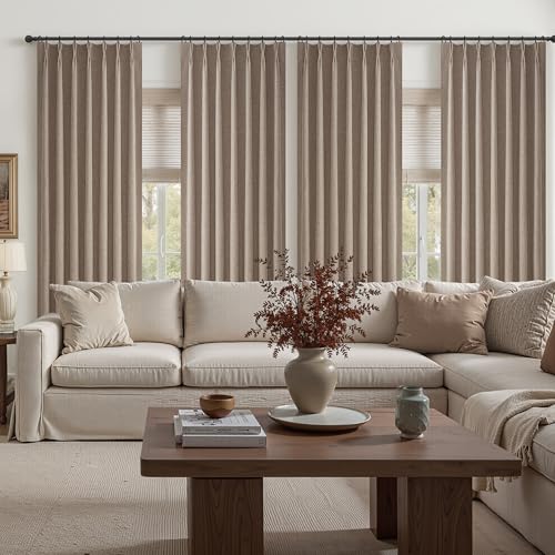 Image of Blackout Dark Flax Curtains 60 Inches Extra Wide Linen Curtain 84 Inch Length for Living Room, Pinch Pleated Farmhouse Bedroom Boho Brown Thermal Thick Drapes 7FT for Winter (60 inchW x 84 inchL 2 Panels)