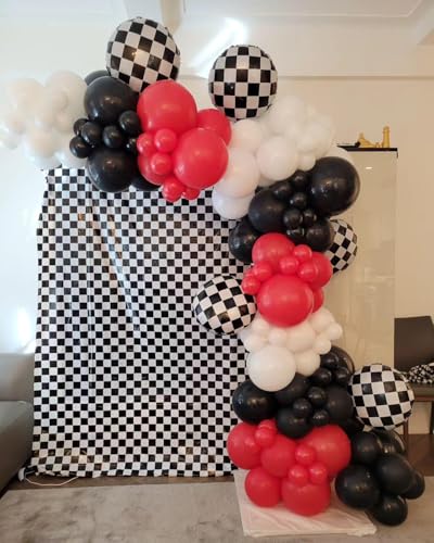 Image of 153Pcs Race Car Balloon Garland Arch Kit - Red and Black White Checkered Balloon Arch Kit 18 10 5 Inch Different Size Balloons for Racing Car Two Fast 2nd Theme Birthday Party Decorations