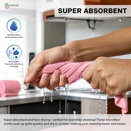 Image of Microfiber Cleaning Cloth Roll 20Pcs | Reusable Kitchen Cleaning Clothes 25x25cm | 4000 Times Washable | Ultra Absorbent Microfiber Cloth Roll for Kitchen, Car, Glass & Home Cleaning (Pink)