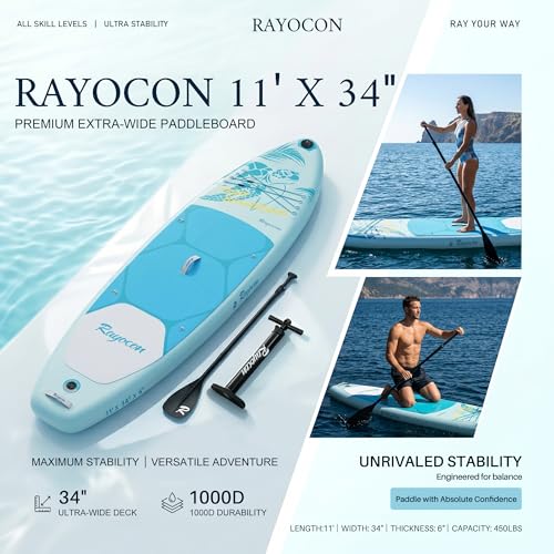 Image of Inflatable Stand Up Paddle Board 11'x34 inch Extra Wide SUP, Ultra-Stable for Adults & Dog, 450lbs, Dual Chamber Pump, Fiberglass Paddle, Military Grade Dual Layer
