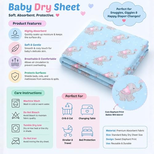 Image of Zikku Printed Dry Sheets for Baby Medium Size Soft |Comfortable |Extra Absorbency|Fast Dry (100x70 cm, Blue, Elephant Print)