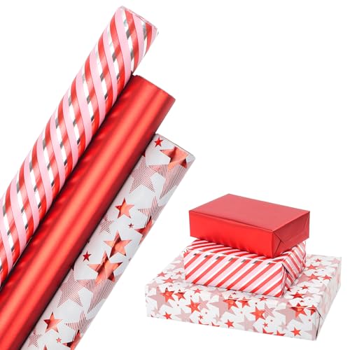HBell Red Wrapping Paper Roll 3 Rolls 43cm x 3m Metallic Wrapping Paper Red Gift Wrap Paper with Star Stripe Pattern for Birthday Party Valentines Day Mothers Day Christmas Festive Decorations