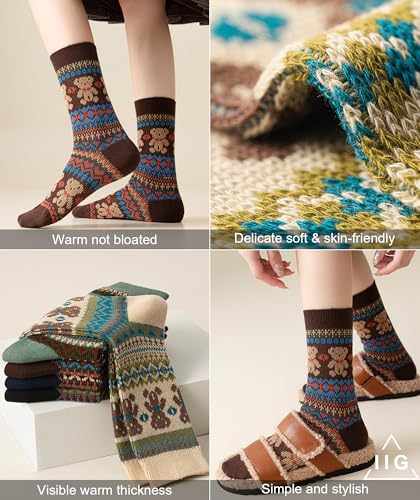 Image of IIG 3-5 Pairs Womens Vintage Cozy Crew Socks Soft Cute Neutral Cotton Socks Exquisite Patterns Socks Gift