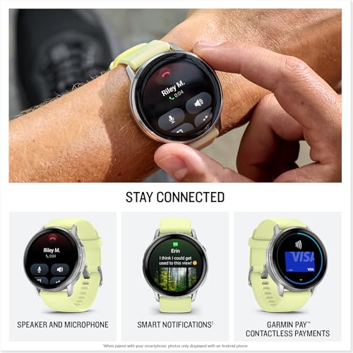Image of Garmin Venu 4, 45mm, Advanced Health and Fitness GPS Smartwatch, Bright and Colorful Display, Built-in Flashlight, 12 Days of Battery Life, Silver with Citron Silicone Band