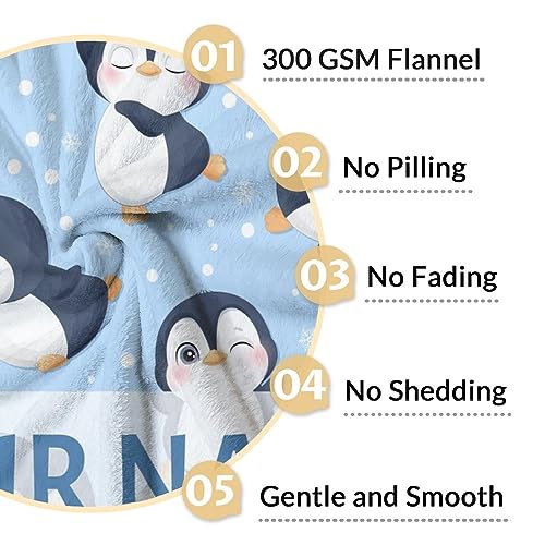 Custom Penguin Blankets with Name - Soft Warm Blanket Throw for Kids, Adults - 30"x40" Small Blankets for Couch, Work - Blue Cute Blanket Gifts