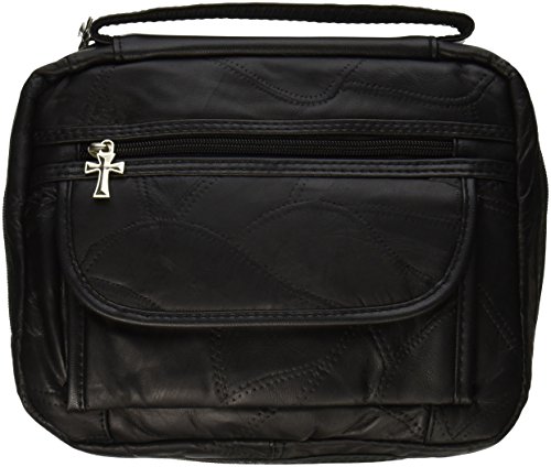 Bible Cover - Genuine Leather - Black - Cross Style Zipper Pulls and Extra Hook and Loop Pockets - Carrying Strap - Fits Most Standard Size Bibles - 10" X 3" X 7"