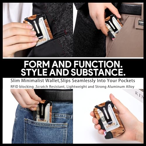 Image of Wallet for Men, Minimalist Slim RFID Blocking Resin Wood Credit Card Holder with Money Clip, Easily Removable Cash&Card Metal Wallet,Resin River,Natuarl Walnut Wood,Unique Pattern,Gift for Men