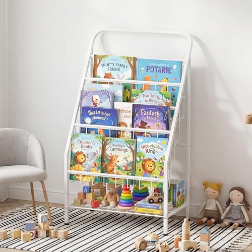 JAQ White Kids Bookshelf, 4-Tier Metal Book Display Rack for...