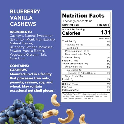 Image of Earthside Farms Blueberry Vanilla Cashews Snack Packs, 6 Count, 1oz Single Serve, No Added Sugar, Keto, Vegan, Gluten Free. Candied Nuts Candied Cashews