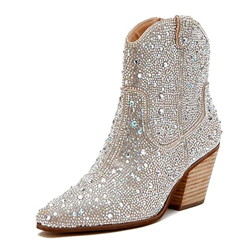 Yallmay Rhinestone Booties for Women, Sparkly Cowgirl Boots Pointed Toe Chunky Heel Rhinestone Cowboy Ankle Booties