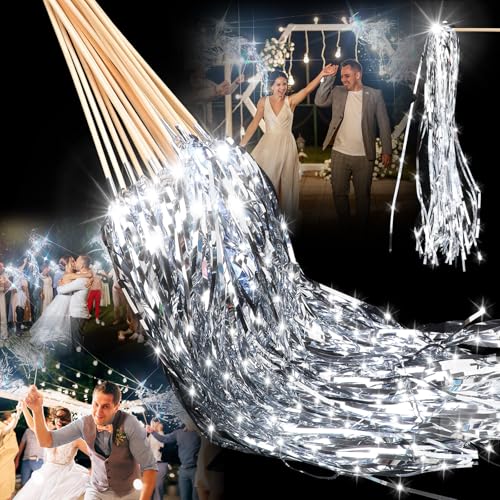 Image of Simgoing 100 Pcs Lighted Wands LED Tinsel Wands Light up Wedding Streamers for Send off and Exits Baby Shower Birthday Party Favors (Silver)