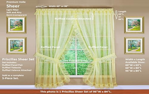 Image of Today's Curtain, Emelia Priscilla Sheer Pair 96 inch W x 84 inch L, Yellow, 5-Piece-Set