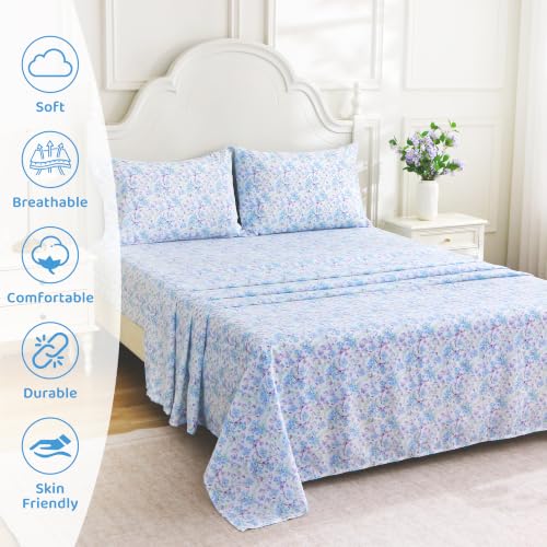 Image of Mooreeke Cozy Floral Microfiber Printed Queen Sheet Set - Soft & Breathable Blue Purple Floral Bed Sheets with Deep Pocket - Non-Slip Fitted Design - Blue Purple Flowers Pattern - Queen
