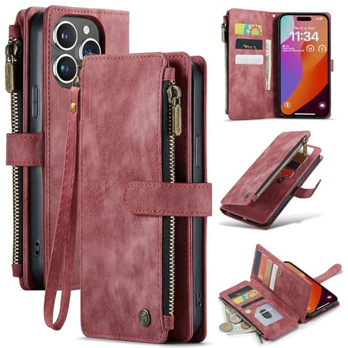 Étui portefeuille iPhone 16 Pro Max rouge avec béquille et poche fermeture éclair