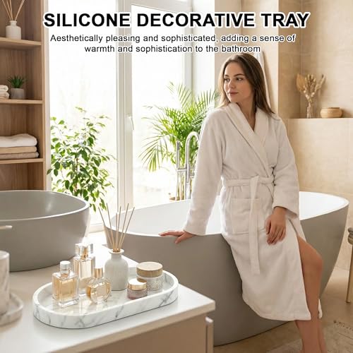 2 Stück Badezimmer Tablett aus Silikon, Dekotabletts, Kosmetiktabletts, Ästhetisch Ansprechend und Praktisch, für Waschtisch, Badewanne und Küchenspüle, (Marmor Weiß)