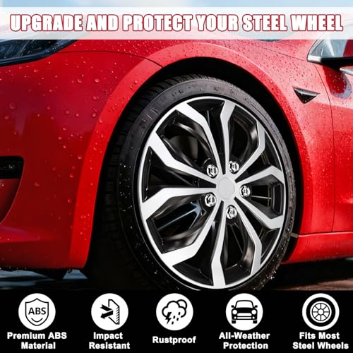 Image of 16 inch Hubcaps Set of 4, Silver with Black Wheel Covers, Universal ABS Snap-On Hub Caps for 16 inch Wheels, Car SUV Truck Wheel Rim Covers, Car Replacement Exterior Accessories